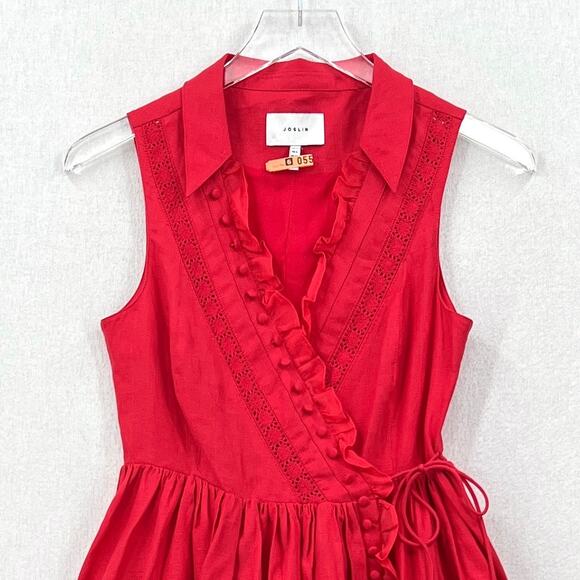 JOSLIN Amella Linen Mini Wrap Dress Womens 0 Red Sleeveless Collar V Neck Ruffle - Picture 8 of 16
